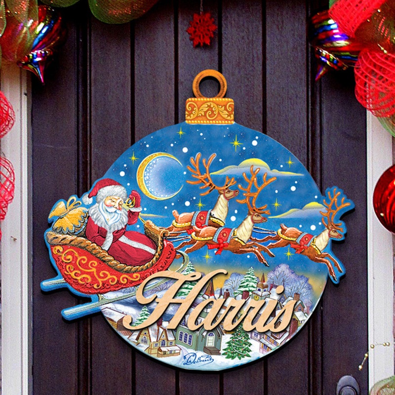 Up-Up and Away Santa Custom Family Name Door Hanger by G. DeBrekht – Christmas Santa Snowman Decor – 8112160-2H-FAM