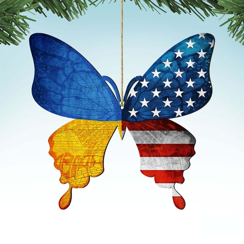 USA/Ukraine Patriotic Butterfly Wooden Ornaments – International Decor – 8187129