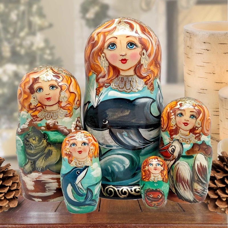 Whales Family Matreshka Nesting Hand-Painted Doll Set of 5 by G. DeBrekht – Coastal Holiday Decor – 140812