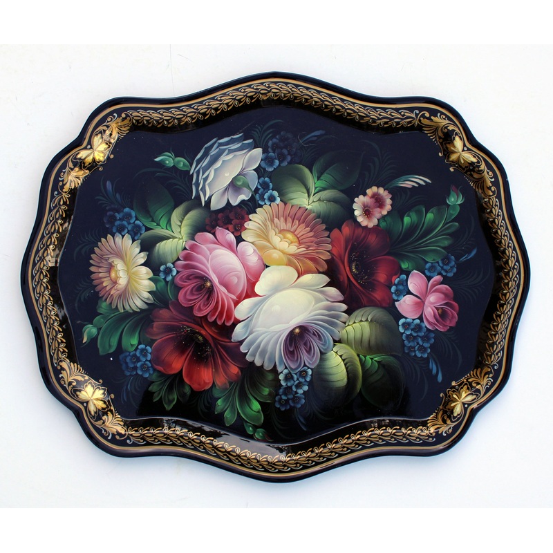 Authentic One-of-a-Kind Zhostovo Hand-Painted Metal Tray by Olga Koshkina 18×145 – Functional Kitchenware Table and Unique Wall Dcor