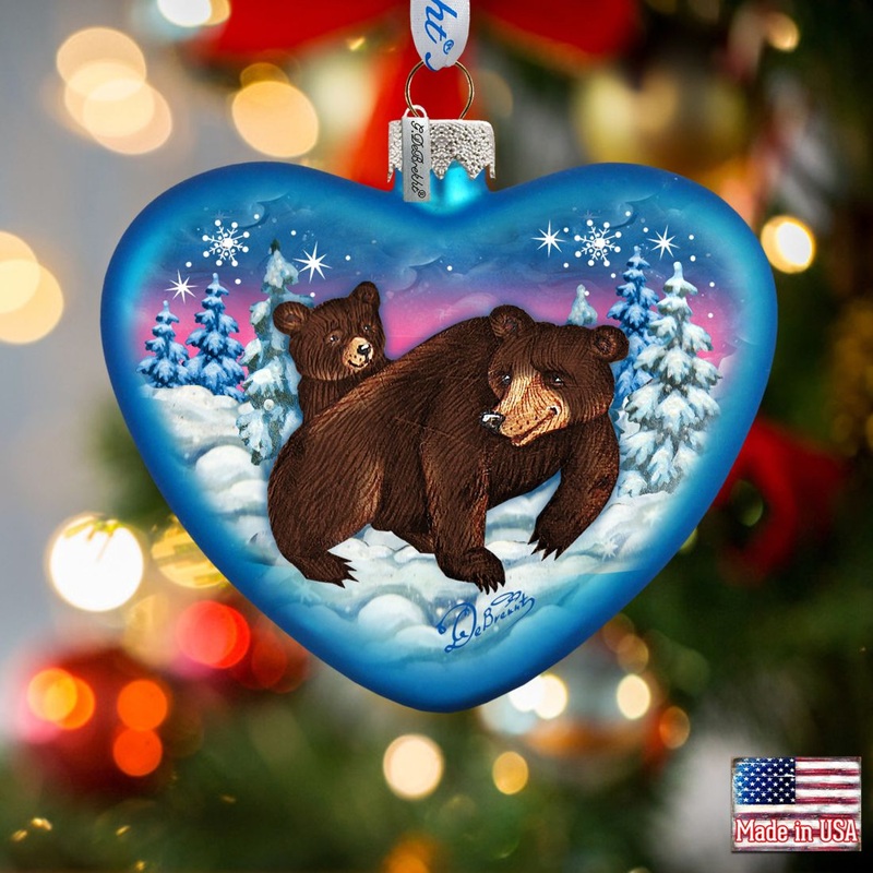 Black Bears Family Heart Glass Ornament by G. DeBrekht – Wildlife Holiday Decor – 753-090