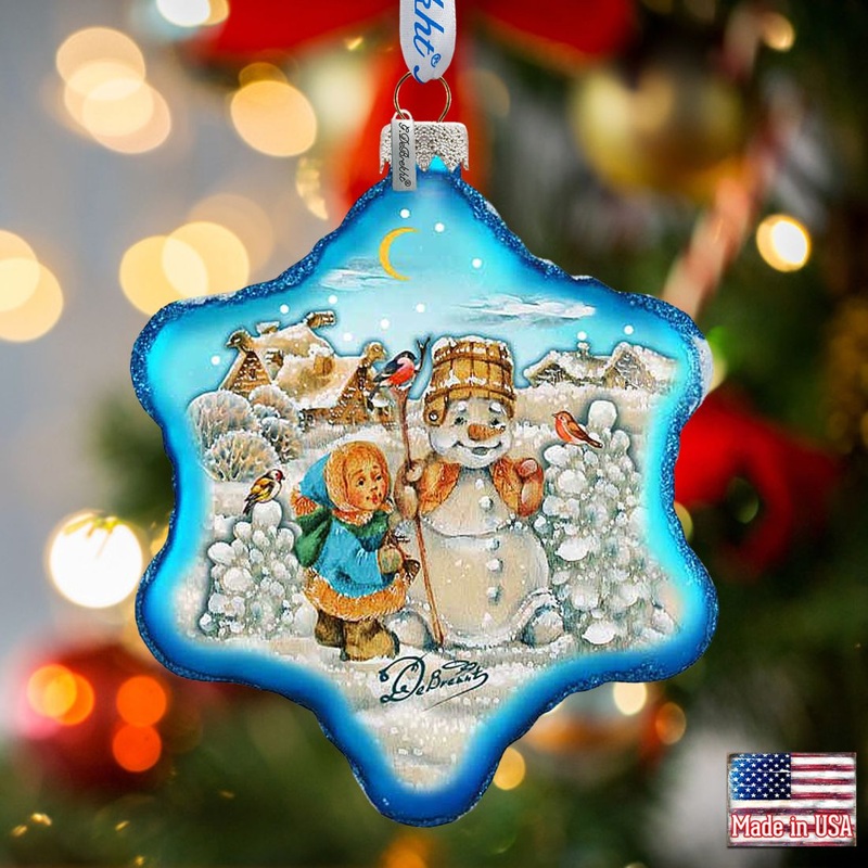 Building A Snowman Snowflake Glass Ornament by G. DeBrekht – Christmas Santa Snowman Decor – 754-005