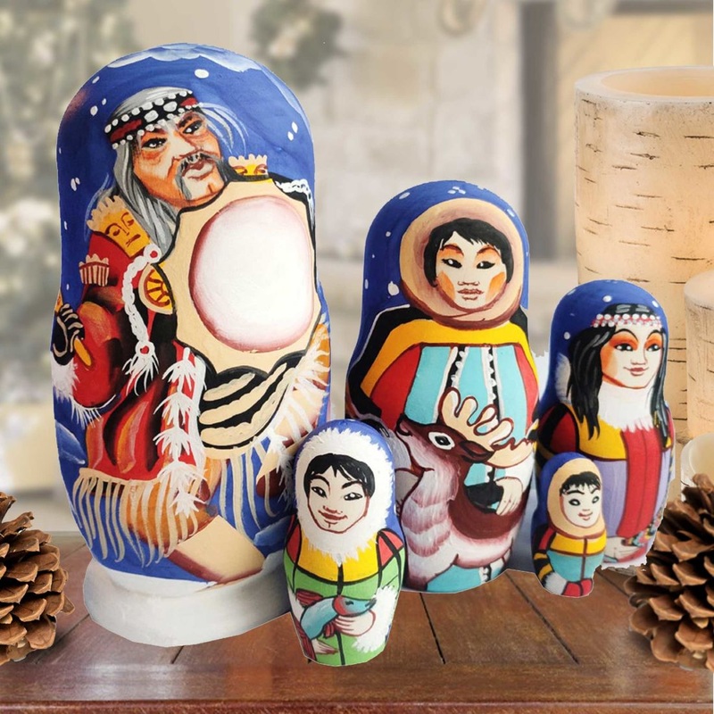 Eskimo Matreshka Nesting Hand-Painted Doll Set of 5 by G. DeBrekht – Wildlife Holiday Decor – 140179