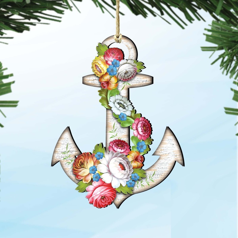 Floral Anchor Wooden Ornaments by G. DeBrekht – Coastal Holiday Decor – 8198521-4