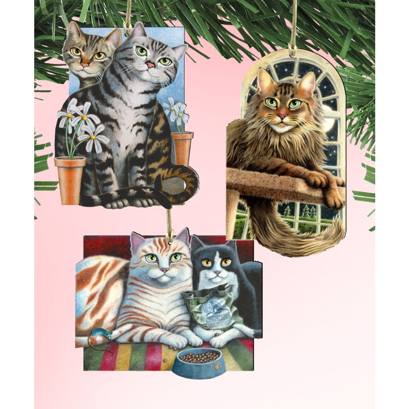 Gazing Cats Wooden Ornaments Set of 3 by Laura Seeley – Pets Dog and Cats Decor – 8100098S3-LS