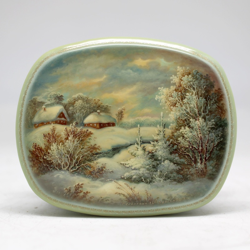 Handpainted White Winter Landscape One-of-a-Kind Fedoskino Papier Mache Lacquered Miniature Box 3.25 x 2.75 Unique Handmade Gift Collectible and Home Decoration