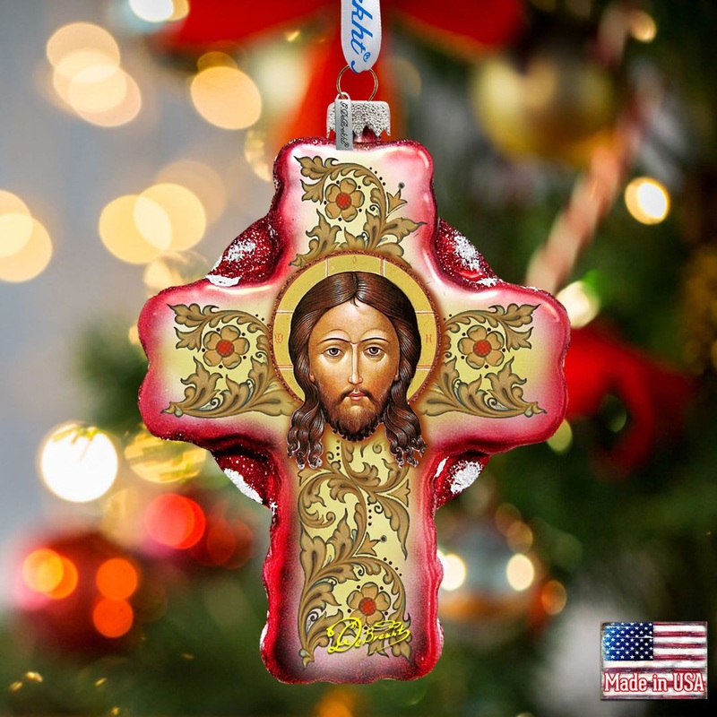 Jesus Face Cross Glass Ornament by G. DeBrekht – Nativity Holiday Decor – 758-006