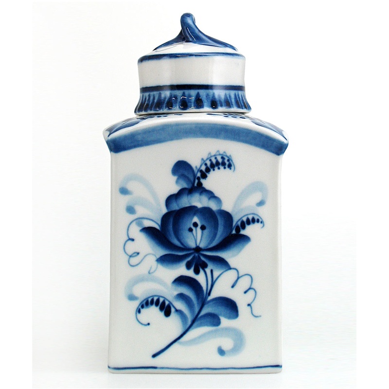 Morning Breeze Gzhel Hand-Painted Fine Porcelain Container Decanter by