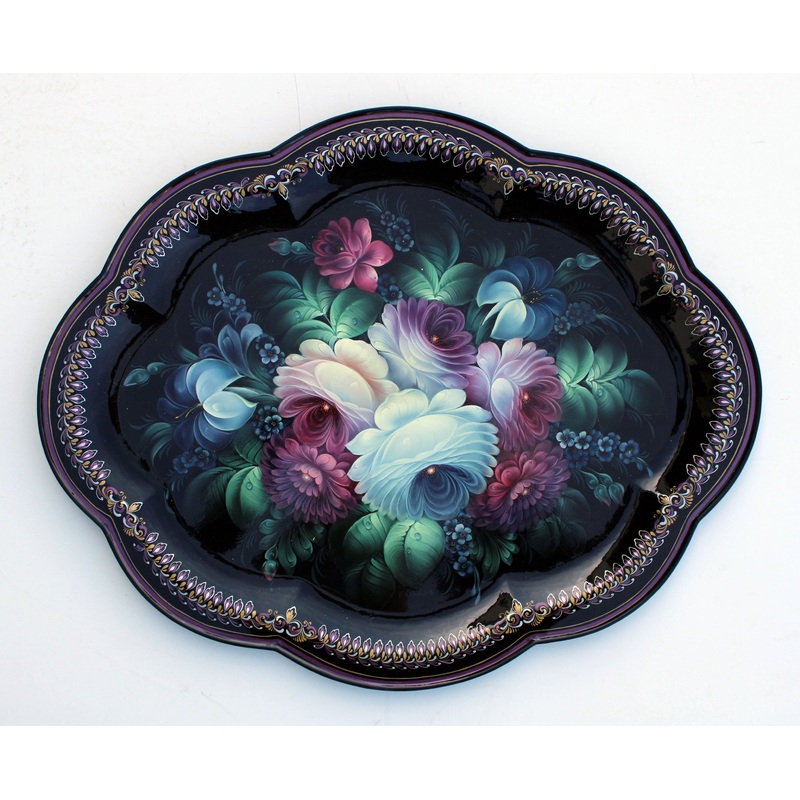 One-of-a-Kind Authentic Zhostovo Hand-Painted Metal Tray by Olga Koshkina 22×18, functional kitchenware, table, and unique wall decor