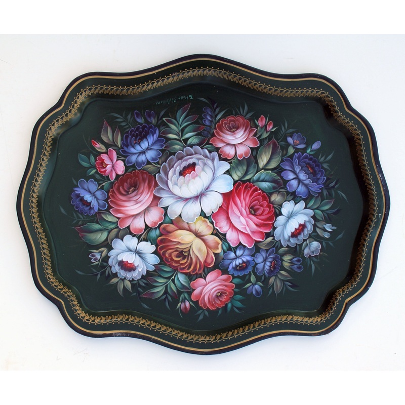 One-of-a-Kind Authentic Zhostovo Metal Tray Hand-Painted by Tatiana Sholohova 18 x 15 Functional Kitchenware Table and Unique Wall Decor