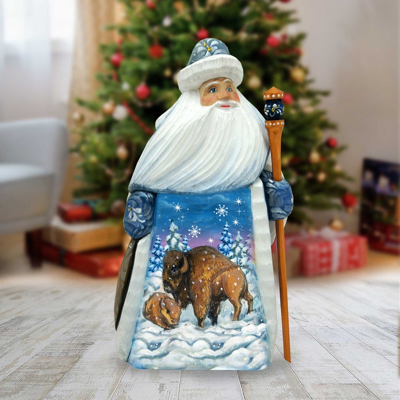Santa Buffalo Father Frost Santa Hand-Painted WOODCARVED Figurine by G. DeBrekht – Wildlife Holiday Decor – 8215678