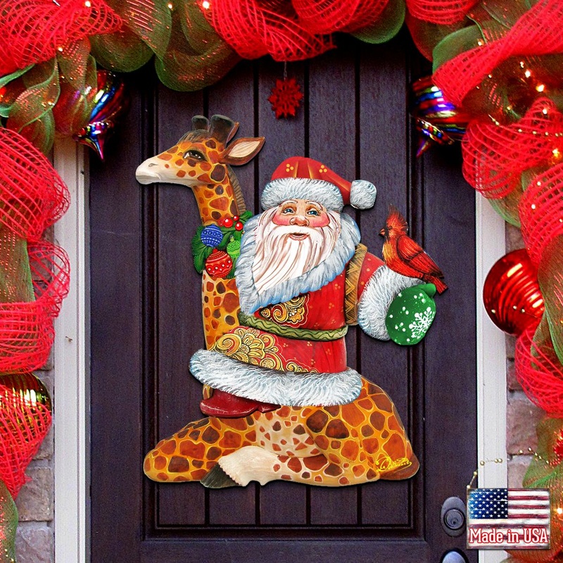 Santa On Giraffe Christmas Door Decor by G. DeBrekht – Christmas Santa Snowman Decor – 8111360H