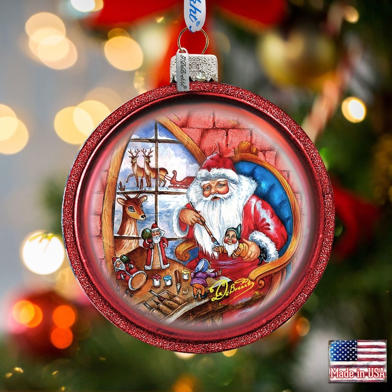 Santa Workshop Glass Ornament by G. DeBrekht – Christmas Santa Snowman Decor – 73611C