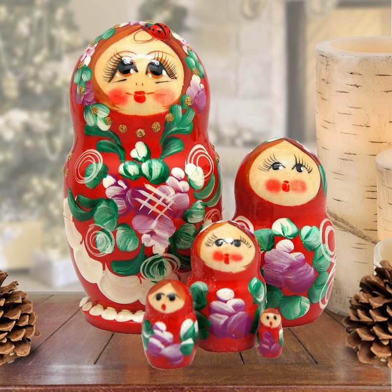 Traditional Red Matreshka Nesting Hand-Painted Dolls Set of 5 by G. DeBrekht – Christmas Decor – 140135