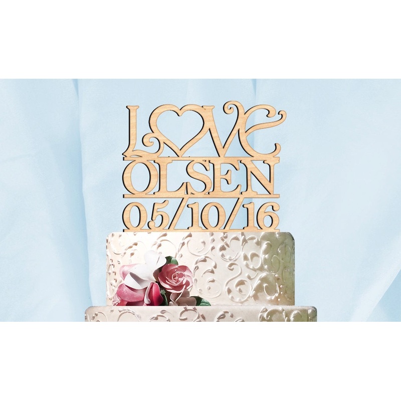 Wedding Cake Topper – Natural wood Custom LOVE LAST NAME Cake Topper with Date. Wedding, Initial, Celebration, Special 4116