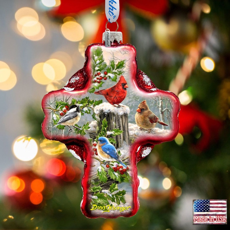 Winter Cardinals Cross Glass Ornament by D. Gelsinger – Nativity Holiday Decor – 758-010-DG