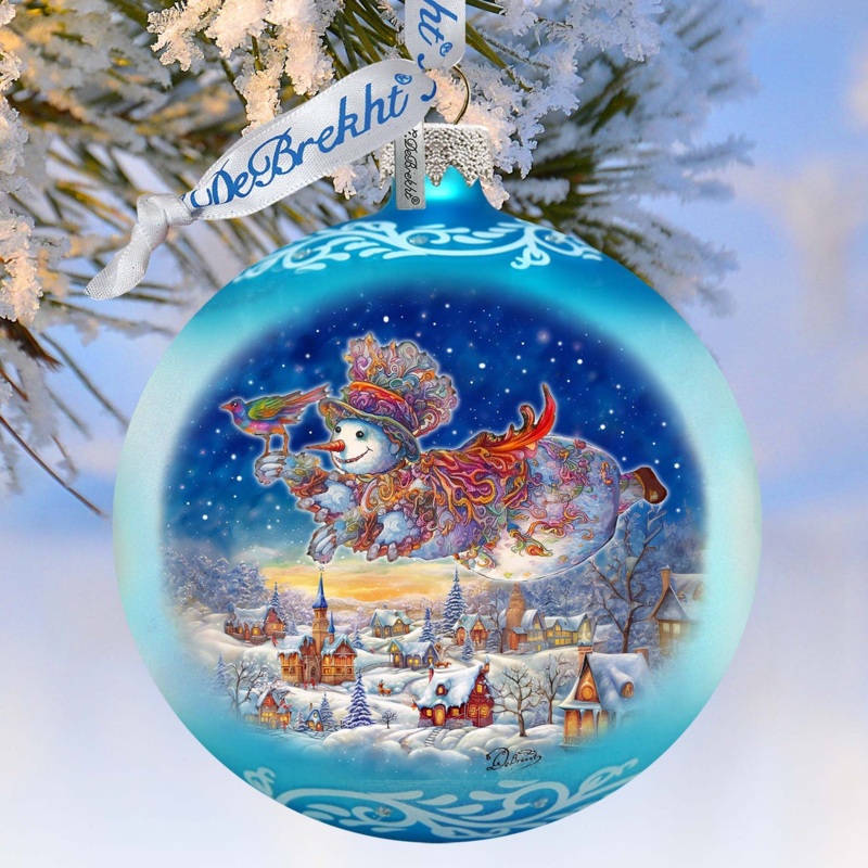 Winter Skies Adventure Ball Glass Ornament by G. Debrekht – Christmas Santa Snowman Decor – 73380