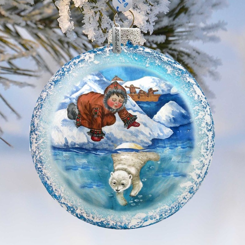 Alaska Boy Polar Bear Glass Ornament by G. DeBrekht – Wildlife Holiday Decor – 744-035