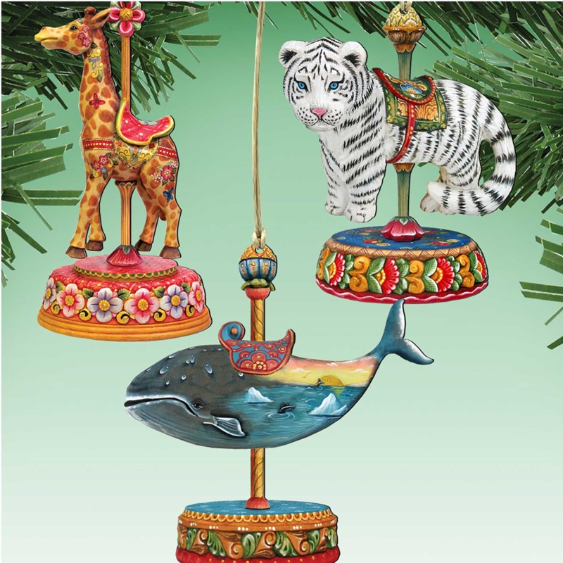 Carousel Wooden Ornaments: Tiger, Whale, Giraffe – Christmas Decor – 81000892S3