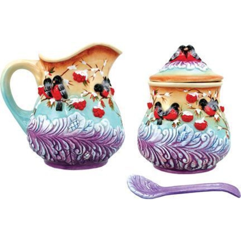 Ceramic Winter Birds Creamer & Sugar Jar with Spoon,  Limited Edition