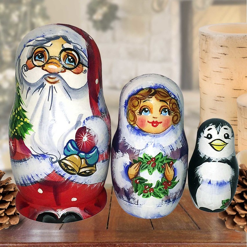 Christmas Bell Santa Family Matreshka Nesting Hand-Painted Dolls Set of 3 by G. DeBrekht – Christmas Santa Snowman Decor – 110164