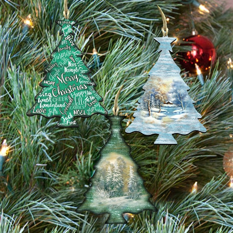 Christmas Tree Wooden Ornaments Set of 3 by G. DeBrekht – Coastal Holiday Decor – 8100049S3