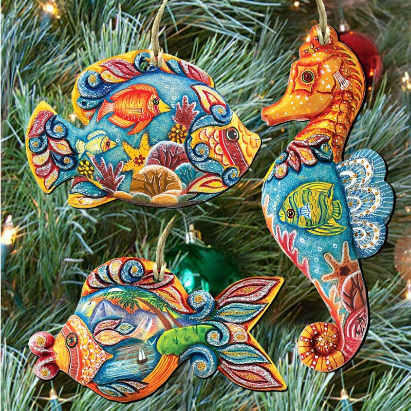 Coastal Wooden Ornaments Set of 3 by G. DeBrekht – Coastal Holiday Decor – 8100035S3