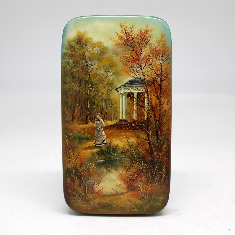 Handpainted Lady at the Gazebo One-of-a-Kind Fedoskino Papier Mache Lacquered Miniature Box 5 x 3 Unique Handmade Gift Collectible and Home Decoration