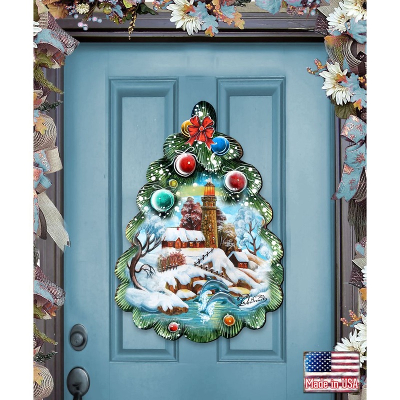 Lighthouse Tree Christmas Door Decor by G. DeBrekht – Coastal Holiday Decor – 8119185H