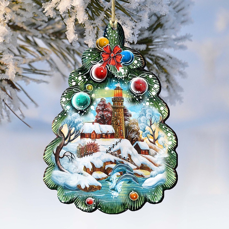 Lighthouse Tree Wooden Ornaments by G. DeBrekht – Coastal Holiday Decor – 8119185