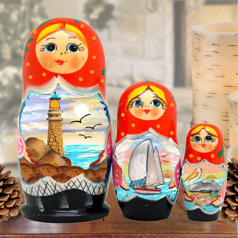 Lighthouses Matreshka Nesting Hand-Painted Doll Set of 3 by G. DeBrekht – Coastal Holiday Decor – 14720
