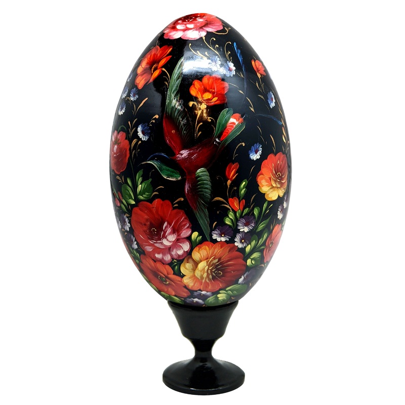 One-of-a-Kind Egg with Zhostovo Floral Birds Hand-Painted Authentic 12G DeBrekht Functional Kitchenware Table and Unique Wall Dcor