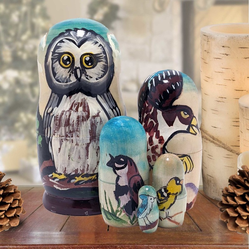 Owls Family Matreshka Nesting Hand-Painted Doll Set of 5 by G. DeBrekht – Wildlife Holiday Decor – 140079