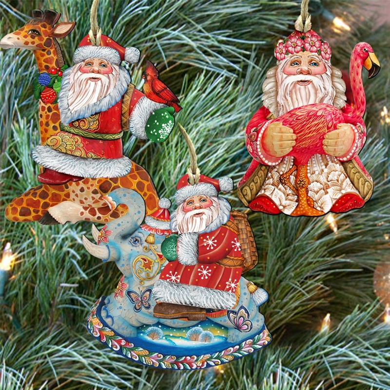 Safari Santa Wooden Ornaments Set of 3 by G. DeBrekht – Christmas Santa Snowman Dcor – 8100004S3