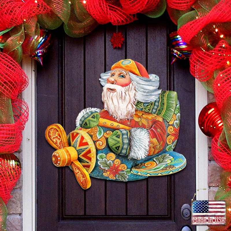 Santa On the Airplane Door Decor by G. DeBrekht – Christmas Santa Snowman Decor – 8112030H