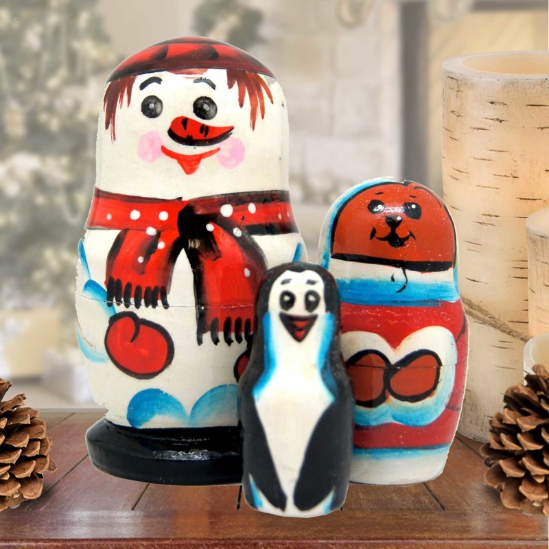 Snowman Family Matreshka Nesting Hand-Painted Dolls Set of 3 by G. DeBrekht – Christmas Decor – 110162