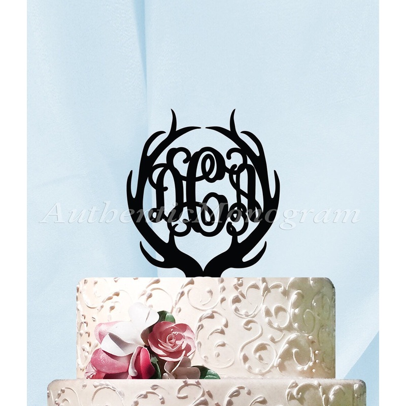 Wedding Cake Topper – Personalized Cake Topper, Deer Antlers Three letter Cake Topper, Wooden Cake Topper, Unpainted