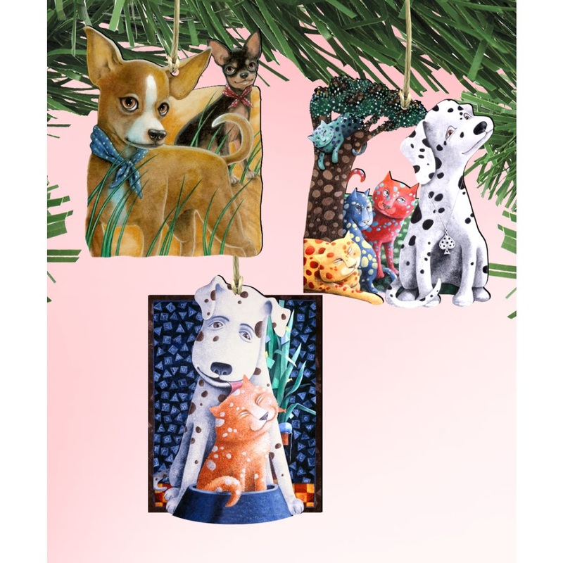 Whimsical Dogs Set Wooden Ornaments Set of 3 by Laura Seeley – Pets Dog and Cats Decor – 8100093S3-LS