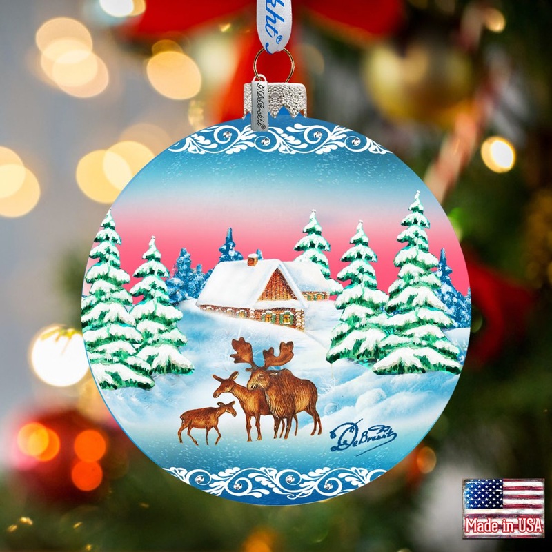 Winter Moose Family Ball Glass Ornament by G. DeBrekht – Wildlife Holiday Decor – 73115