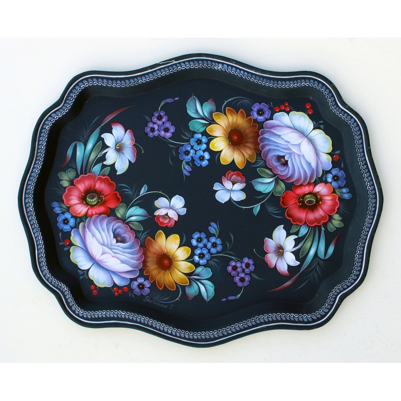 Authentic One-of-a-Kind Zhostovo Metal Tray Hand-Painted by Tatiana Sholohova 18 x 15 – Functional Kitchenware Table and Unique Wall Decor