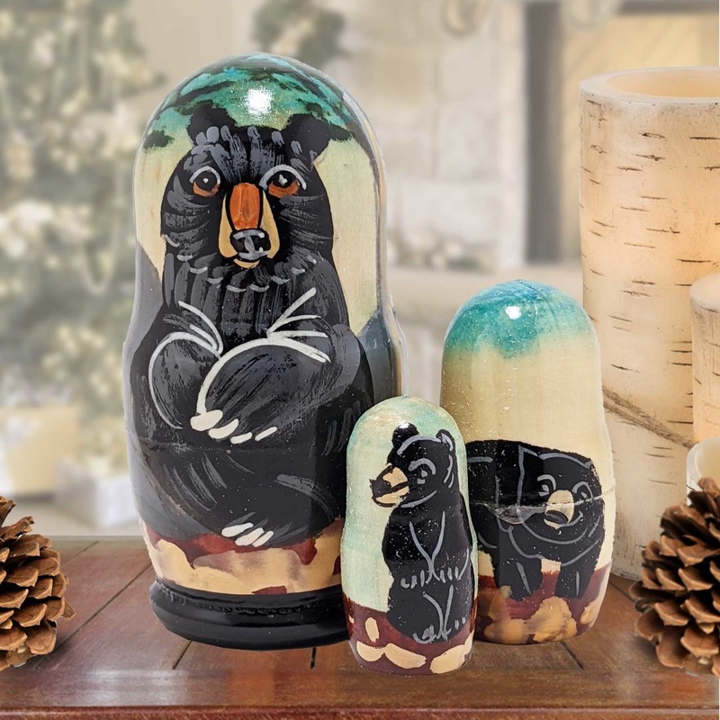 Black Bear Matreshka Nesting Hand-Painted Doll Set of 3 by G. DeBrekht – Wildlife Holiday Decor – 14767
