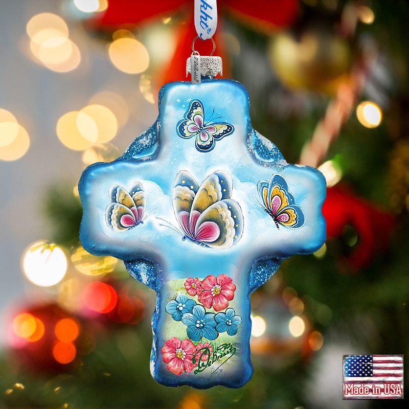 Blue Butterflies Cross Glass Ornament by G. DeBrekht – Nativity Holiday Decor – 758-003