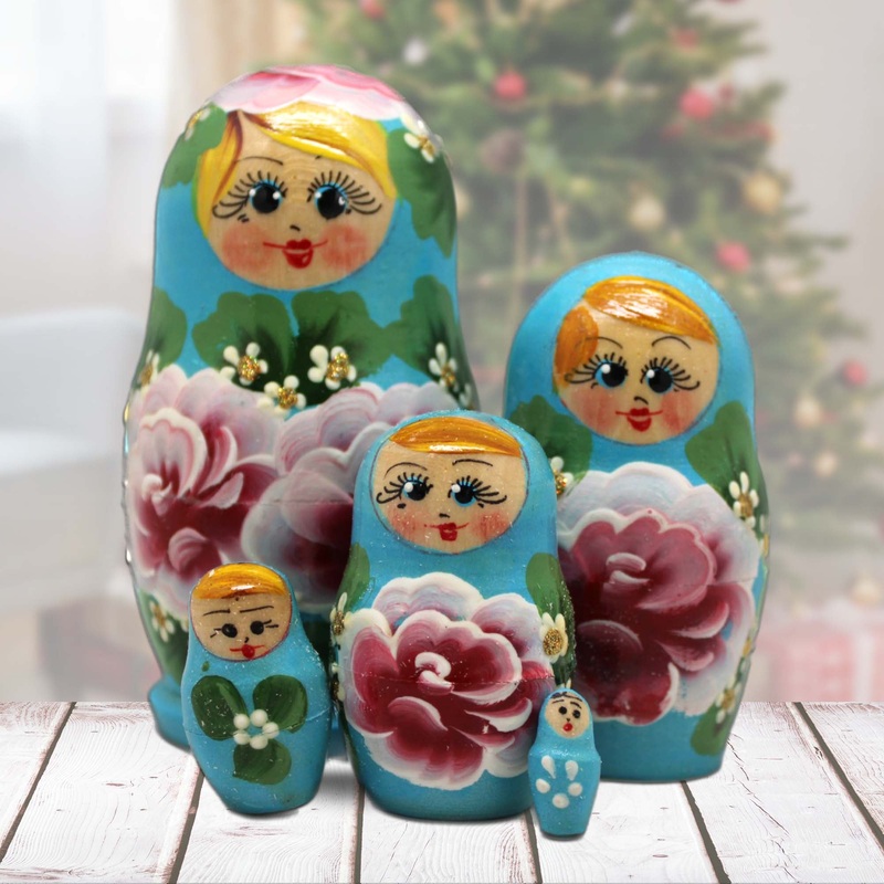 Blue Pink Floral Matreshka Nesting Hand-Painted Dolls Set of 5 by G. DeBrekht – Christmas Decor – 140139