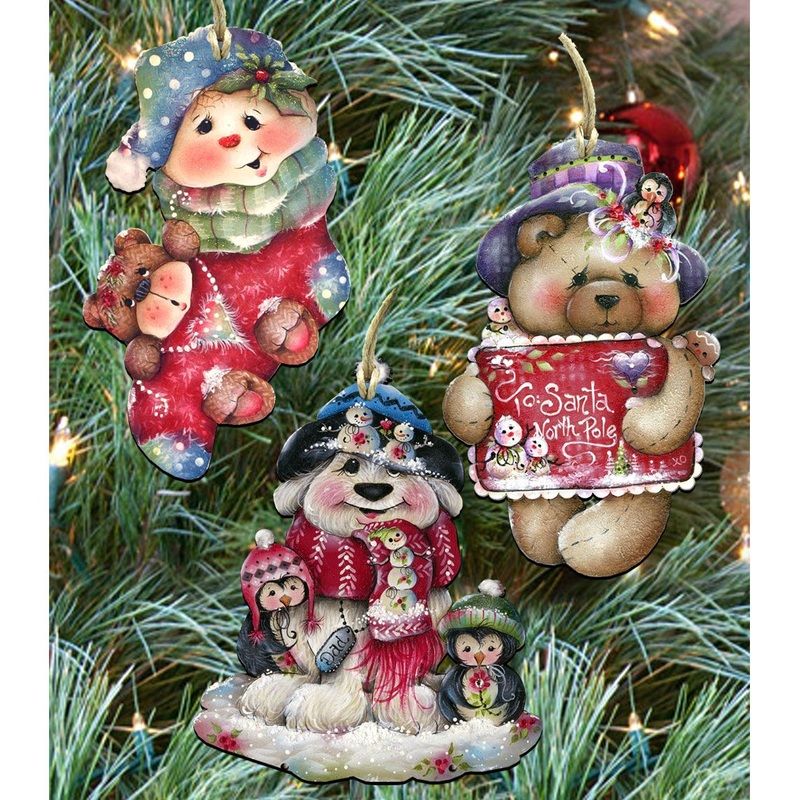 Christmas Holiday Wooden Ornaments Set of 3 Jamie Mills-Price – Christmas Santa Snowman Decor – 8100038S3-MP