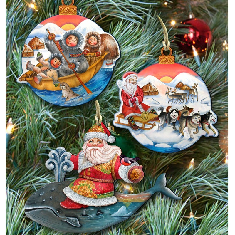 Christmas Journey Wooden Ornaments Set of 3 by G. DeBrekht – Christmas Santa Snowman Decor – 8100003S3