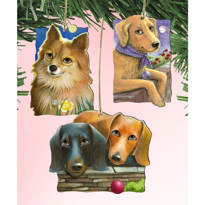 Doggie Companions Wooden Ornaments Set of 3 by Laura Seeley – Pets Dog and Cats Decor – 8100092S3-LS