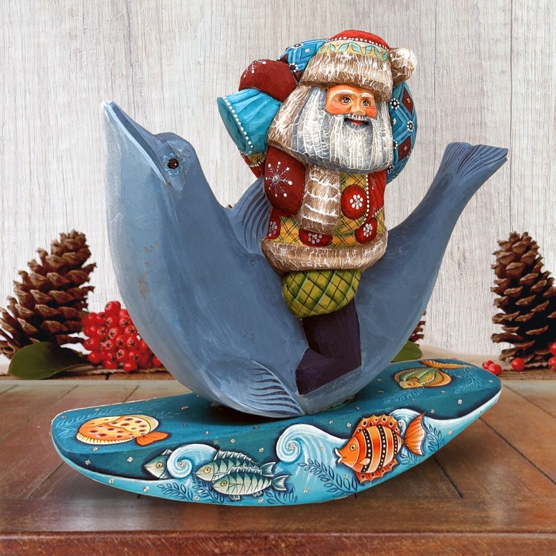 Dolphin Santa Hand-Painted WOODCARVED Masterpiece by G. DeBrekht – Wildlife Holiday Decor – 820023