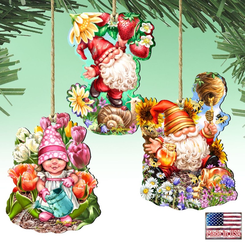 Gnomes Wooden Ornaments Set of 3 by Gelsinger – Christmas Santa Snowman Decor – 8461060-S3-DG