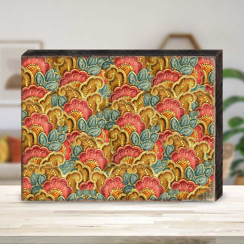 Gold Red Blue Floral Rustic Wall Block by G. DeBrekht – Floral Ornamental Decor – 95019B