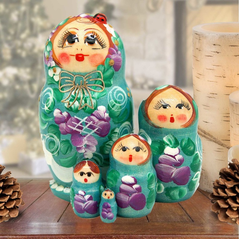 Green Floral Matreshka Nesting Hand-Painted Dolls Set of 5 by G. DeBrekht – Christmas Decor – 140134